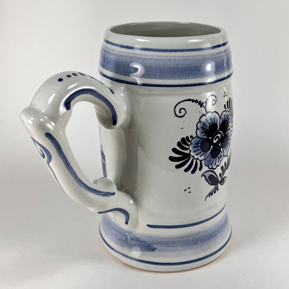 Vintage Delft Blue Beer Stein Mug Windmill Floral Hand Painted Ceramic 32 oz - Picture 4 of 16